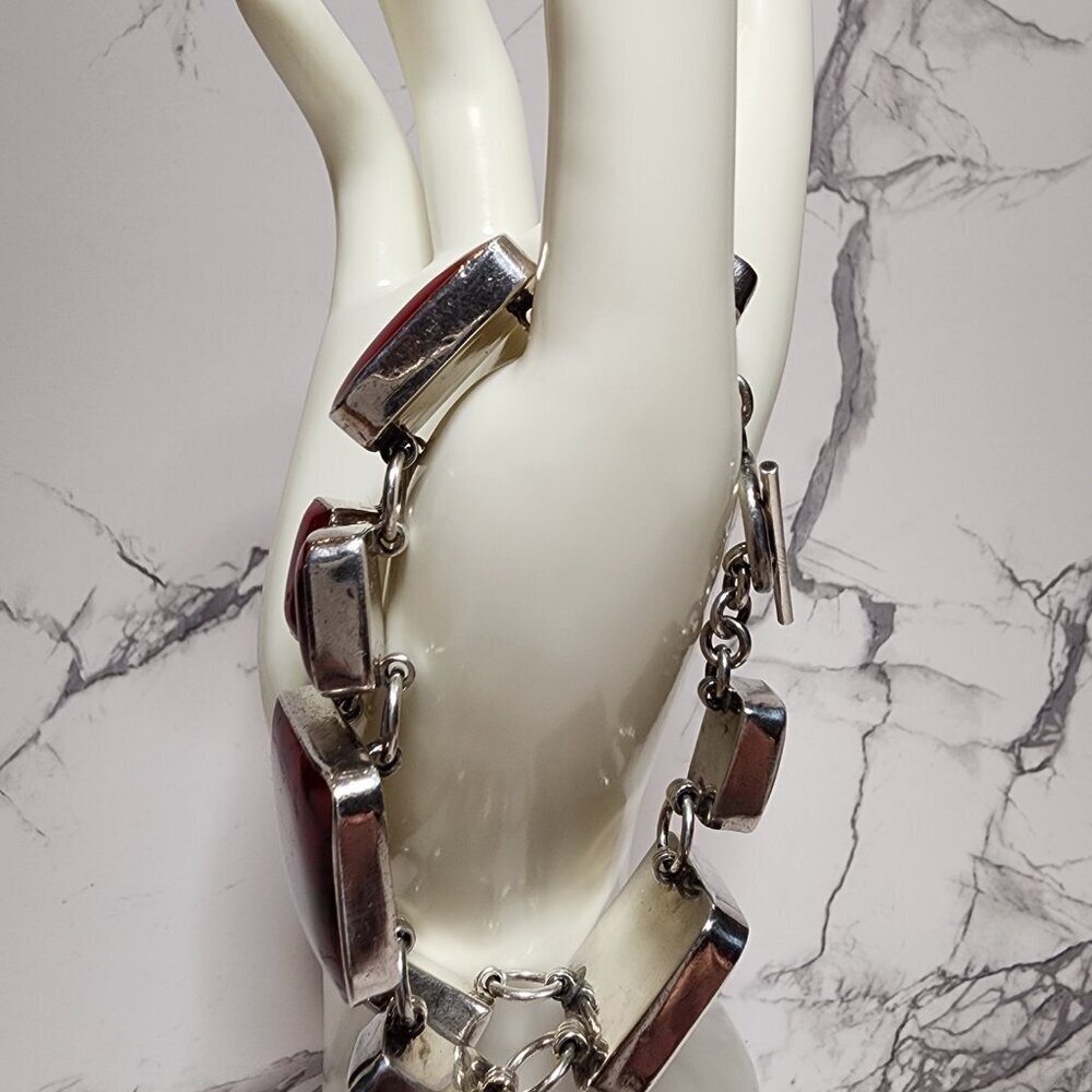 Vintage Heavy Red Jasper 925 Silver Bracelet - Picture 3 of 11